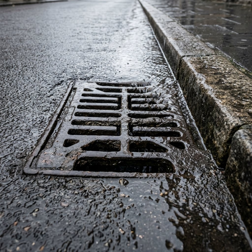 Traditional cast-iron road gully carrying rainwater on a Wolverhampton street