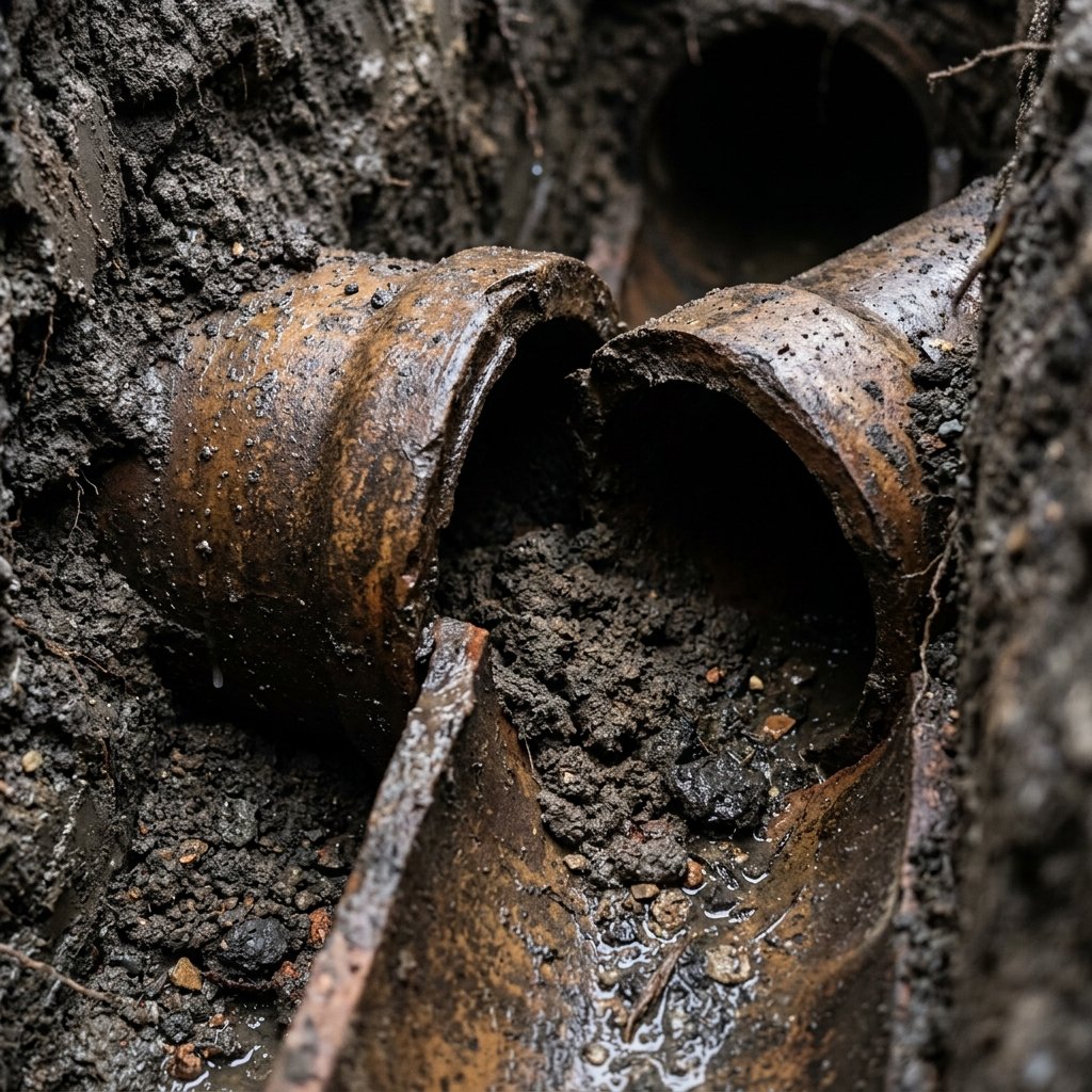 Displaced clay drain joint allowing soil into an older Wolverhampton pipe