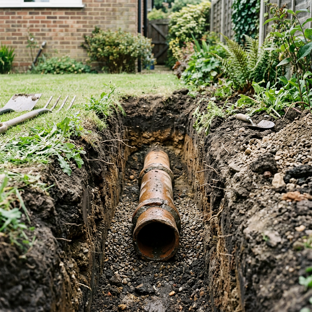 Clay drainage pipe exposed in a trench during a build over survey