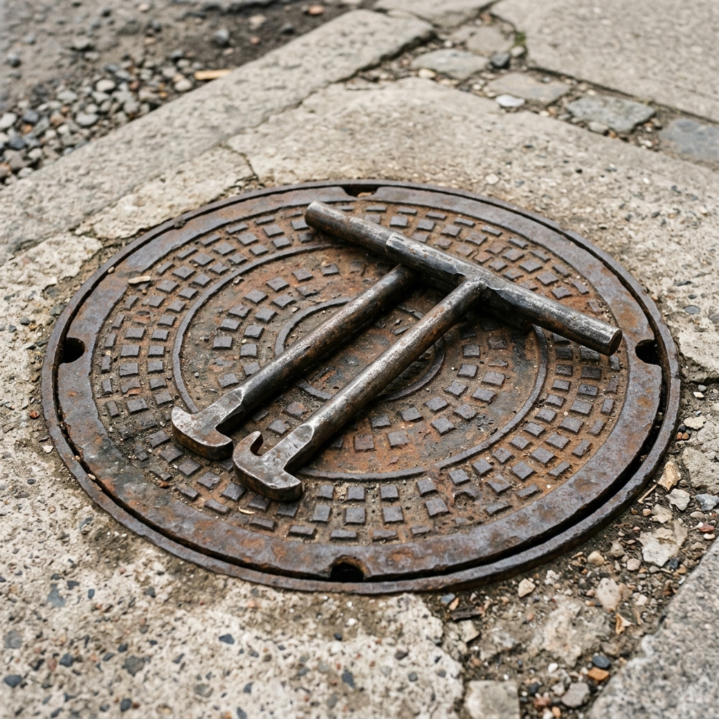 Manhole lifting keys next to an open inspection chamber cover on a driveway