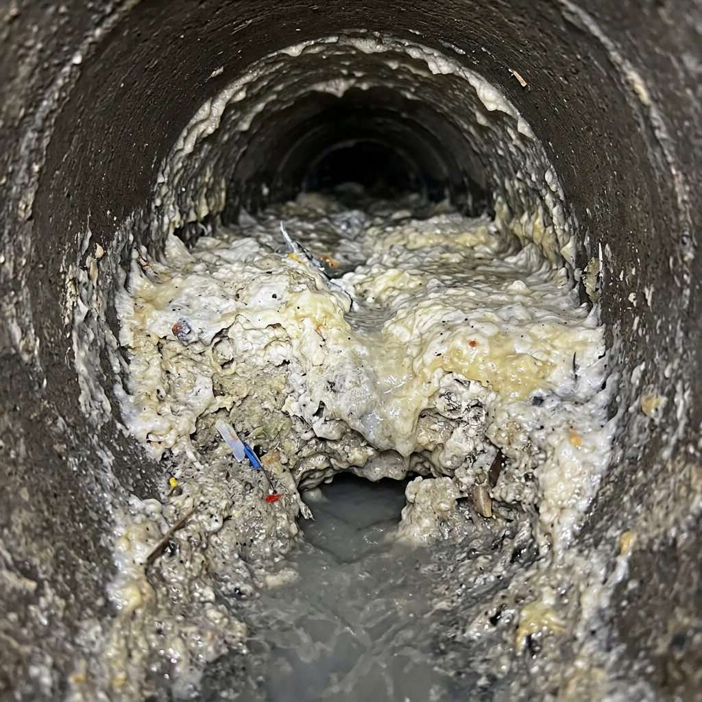 Solidified kitchen fat and grease lining the inside of a waste pipe
