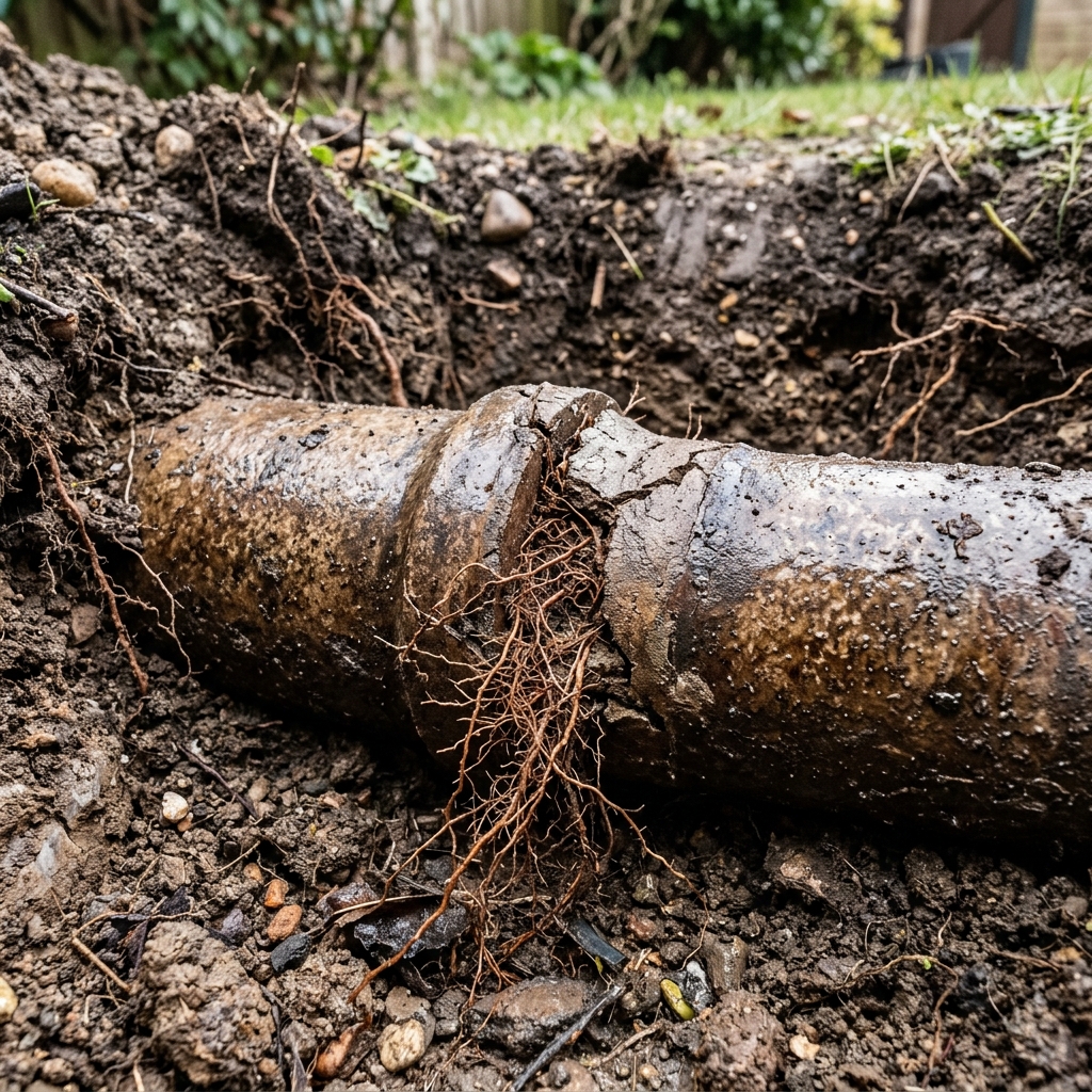 Exposed underground clay drainage pipe with tree roots intruding into a cracked mortar joint