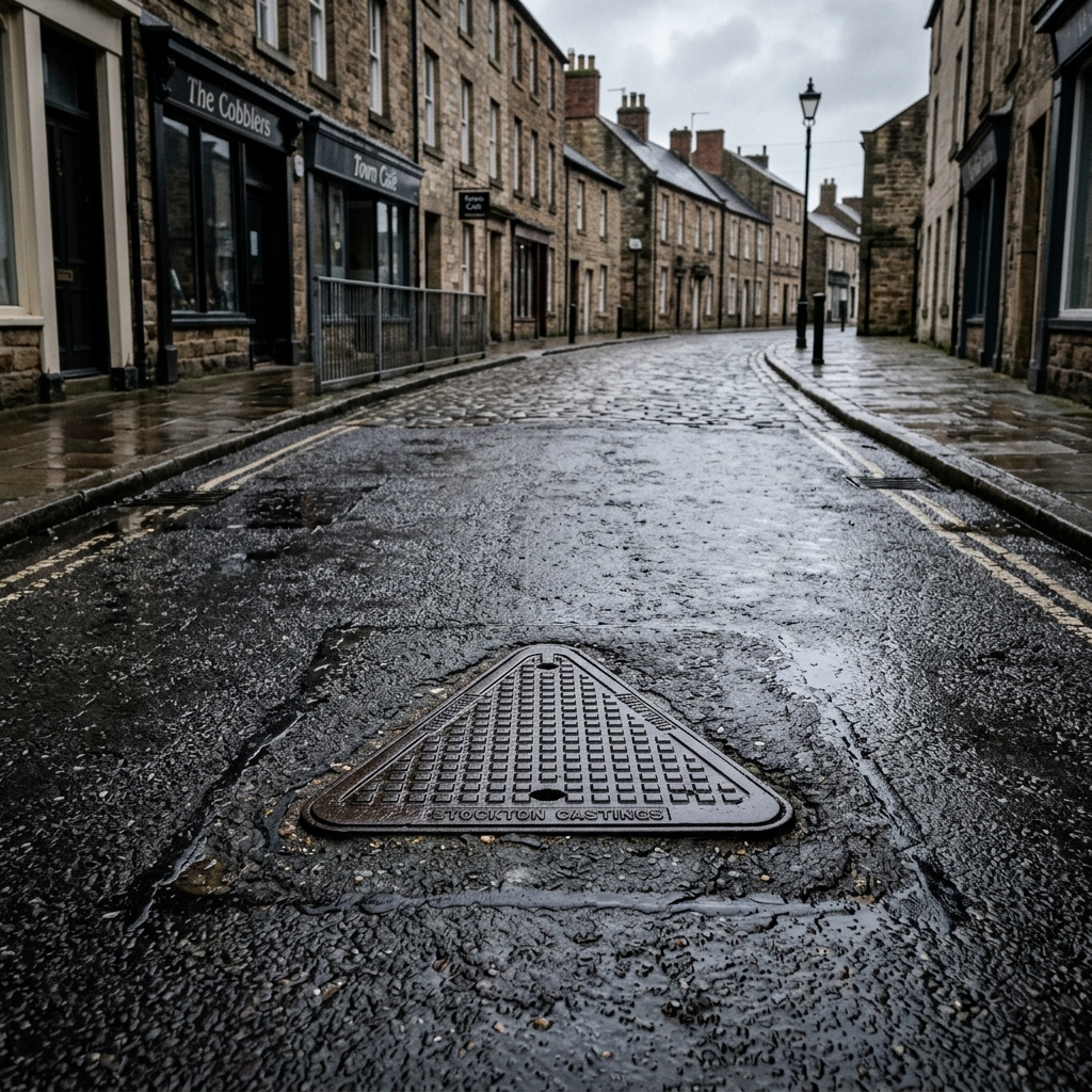 Highway manhole cover on a public road marking the location of a public sewer