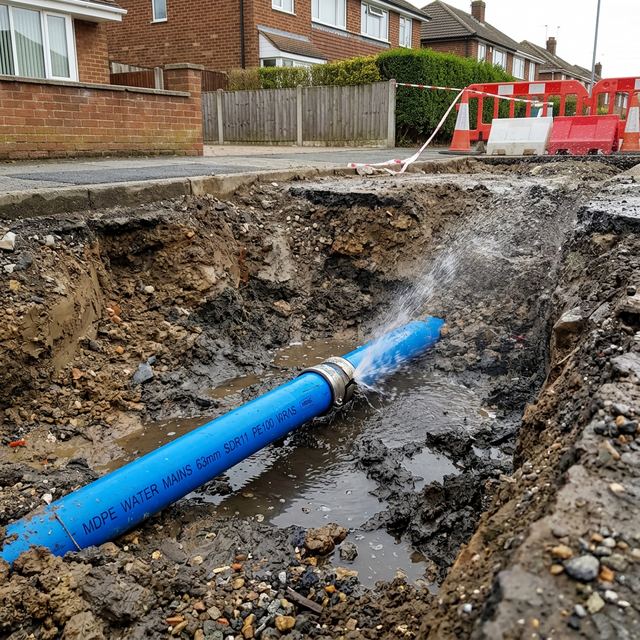 Blue MDPE water mains pipe leaking in an excavation