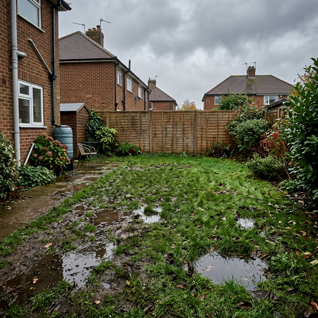 Waterlogged back garden showing signs of a drainage problem
